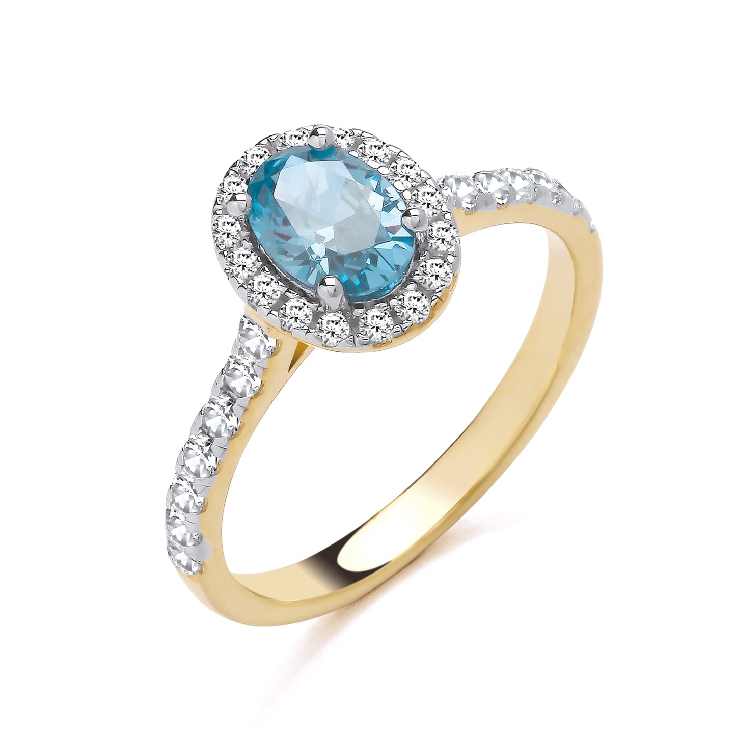925 Silver Gold Plated Aquamarine & Cubic Zirconia Set Oval Ring