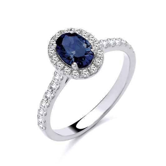 925 Silver Sapphire & Cubic Zirconia Set Oval Ring