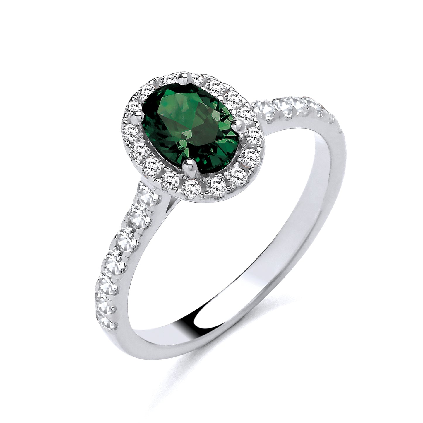 925 Silver Emerald & Cubic Zirconia Set Oval Ring