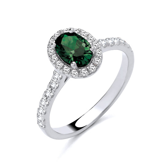 925 Silver Emerald & Cubic Zirconia Set Oval Ring