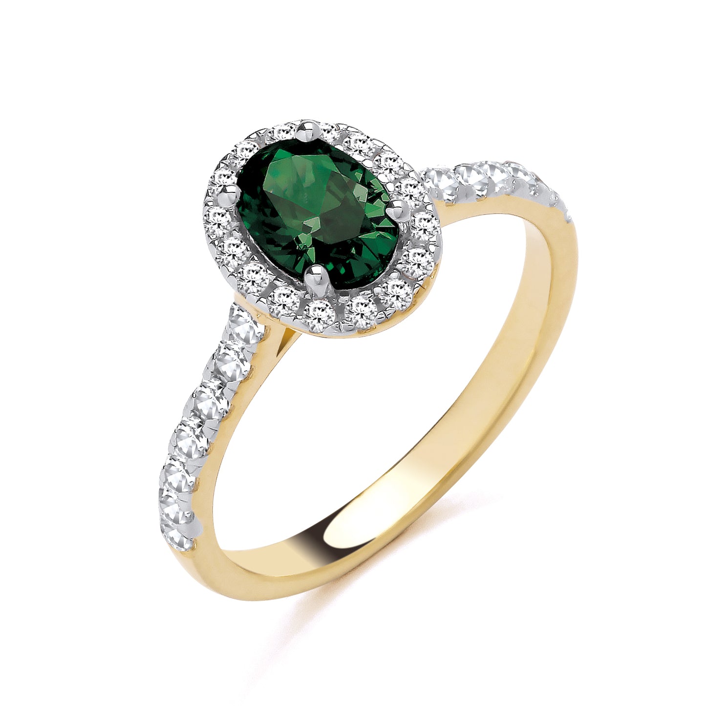 925 Silver Gold Plated Emerald & Cubic Zirconia Set Oval Ring