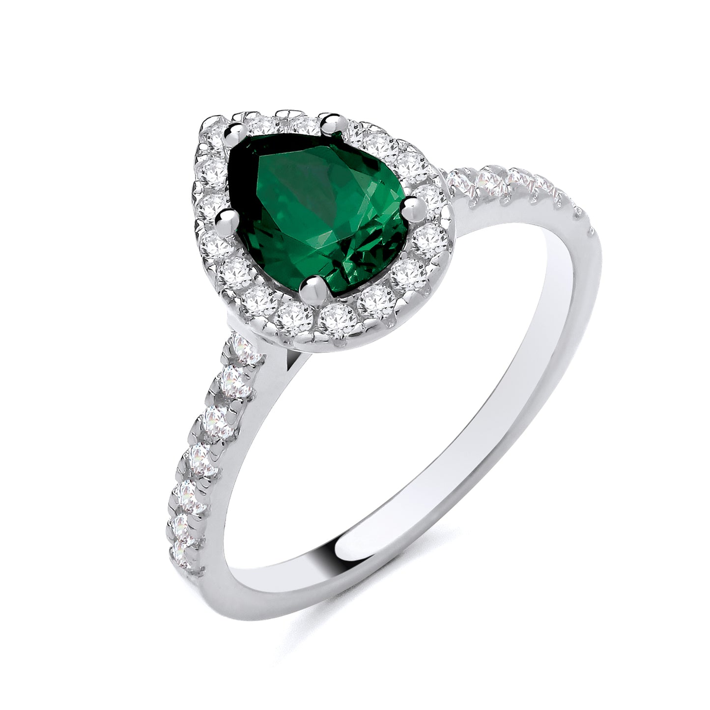 925 Silver Emerald & Cubic Zirconia Set Teardrop Ring