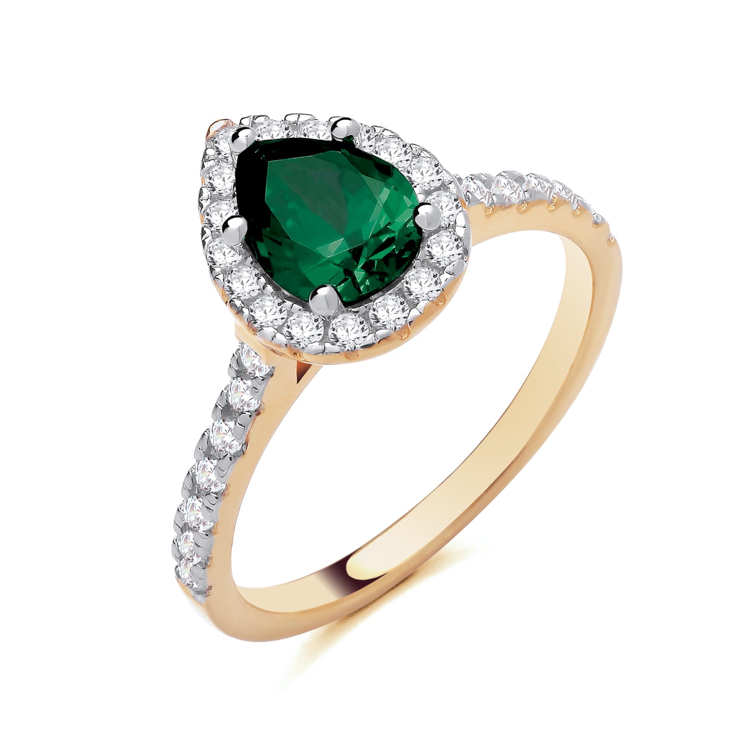 925 Silver Gold Plated Emerald & Cubic Zirconia Set Teardrop Ring