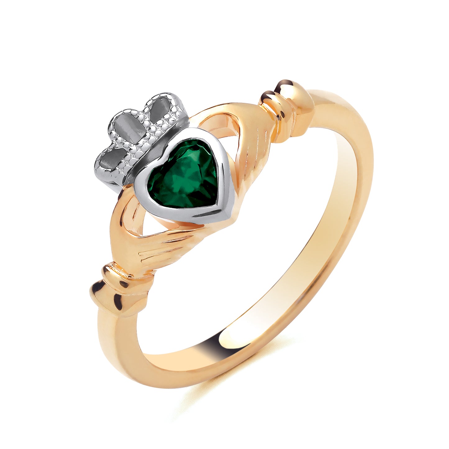 925 Silver Gold Plated & Emerald Claddagh Ring