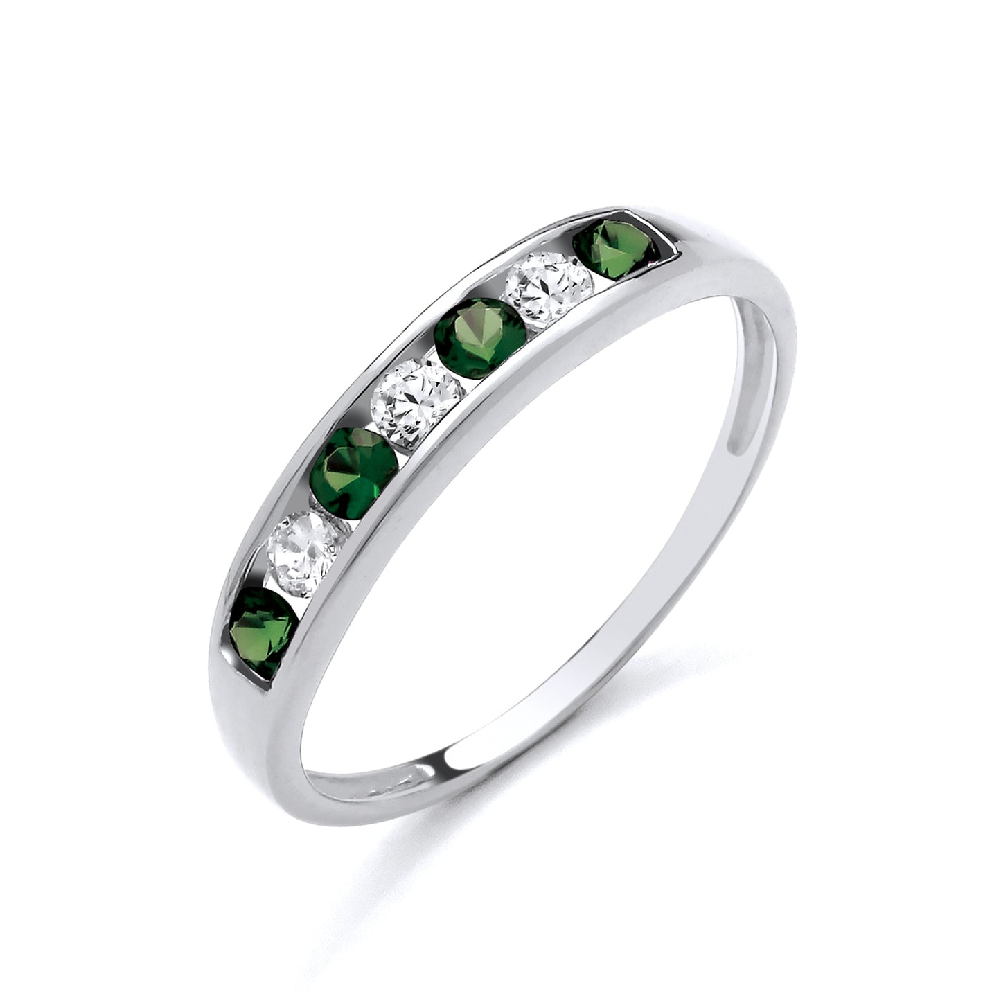 925 Silver Emerald & Cubic Zirconia Set Eternity Band Ring
