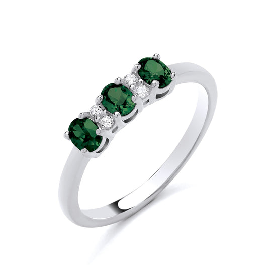 925 Silver Emerald & Cubic Zirconia Set Trilogy Ring