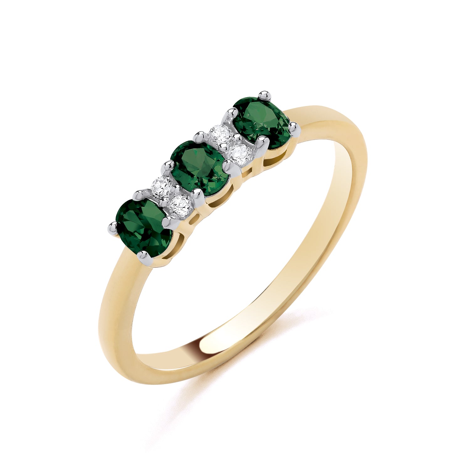925 Silver Gold Plated Emerald & Cubic Zirconia Set Trilogy Ring