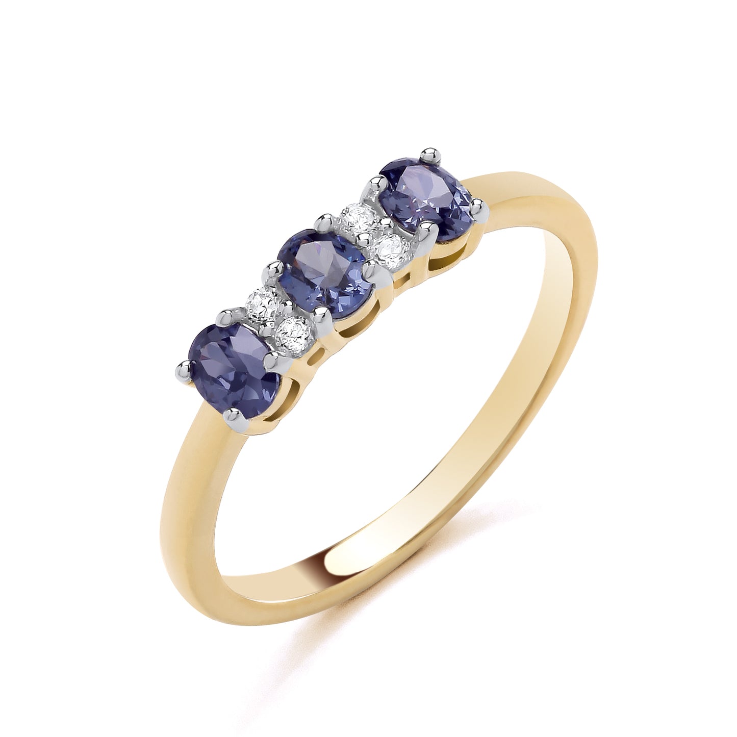 925 Silver Gold Plated Tanzanite & Cubic Zirconia Set Trilogy Ring