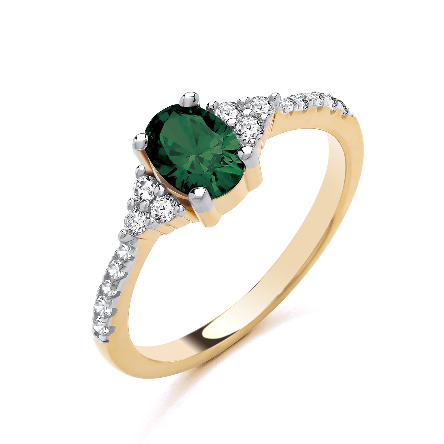 925 Silver Gold Plated Emerald & Cubic Zirconia Set Oval Ring
