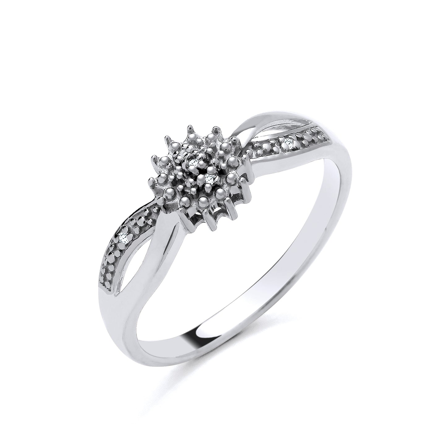 New 925 Silver &amp; Natural Diamond Set Cluster Ring with open shoulders available in various sizes. The front of the ring is approx 7mm high