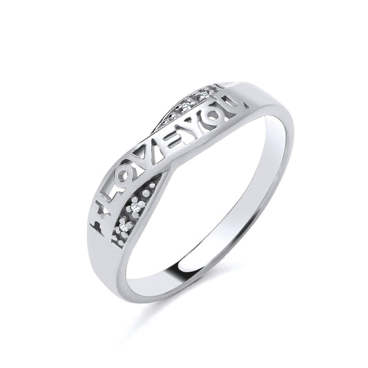 925 Silver & Diamond Set 'I Love You' Crossover Band Ring