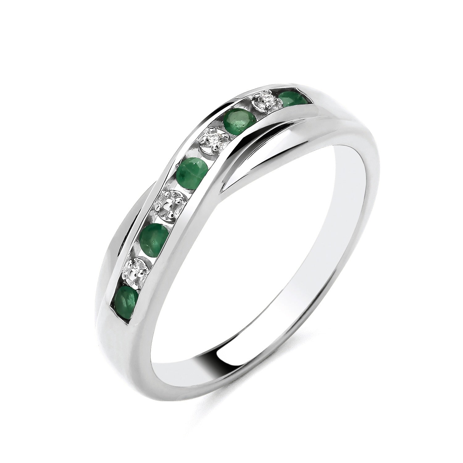 New 925 Silver Natural Diamond &amp; Emerald Set Crossover Band Ring available in various sizes. The front of the band is approx 4.5mm wide