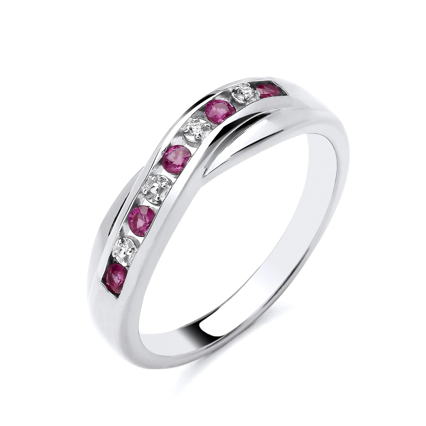 New 925 Silver Natural Diamond &amp; Ruby Set Crossover Band Ring available in various sizes. The front of the band is approx 4.5mm wide