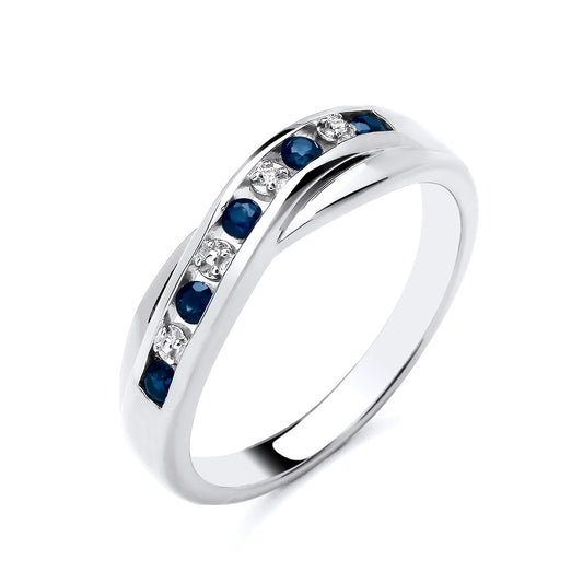 New 925 Silver Natural Diamond &amp; Sapphire Set Crossover Band Ring available in various sizes. The front of the band is approx 4.5mm wide