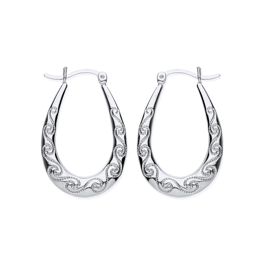 New 925 Silver Wave Swirl Patterned Oval Creole Earrings with the weight 2.30 grams