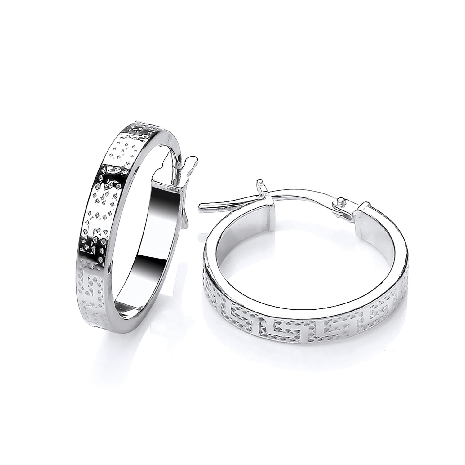 925 Silver 18mm Greek Key Patterned Hoop Creole Earrings