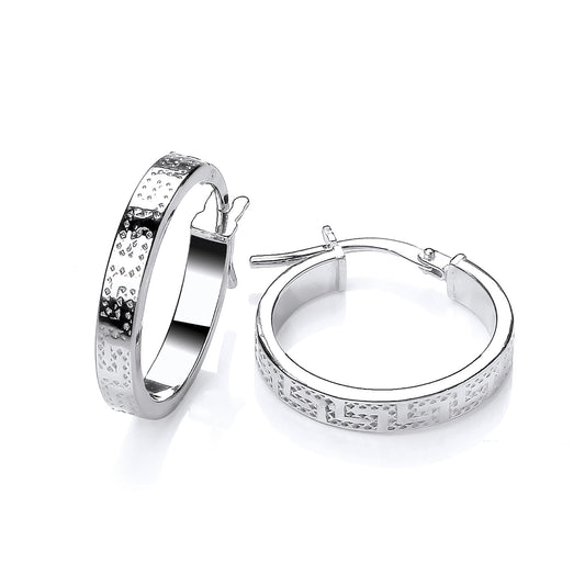 925 Silver 18mm Greek Key Patterned Hoop Creole Earrings