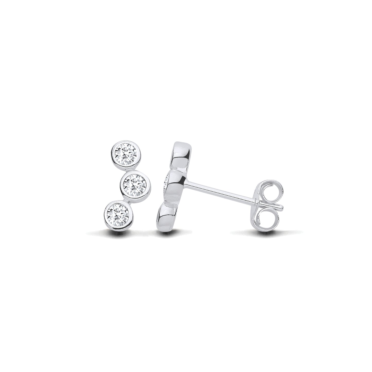 New 925 Silver &amp; Cubic Zirconia Three Stone Trilogy Curved Stud Earrings with the weight 1.10 grams
