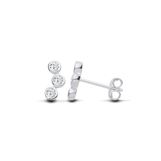 New 925 Silver &amp; Cubic Zirconia Three Stone Trilogy Curved Stud Earrings with the weight 1.10 grams