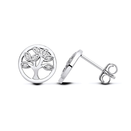 New 925 Silver &amp; Cubic Zirconia Tree of Life Round Stud Earrings with the weight 1.80 grams. Earring Face 10.5mm Diameter
