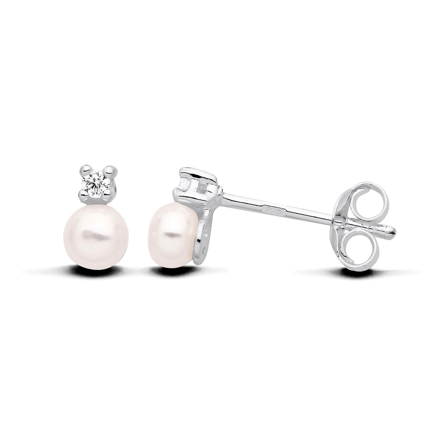 New 925 Silver Freshwater Pearl &amp; Cubic Zirconia Stud Earrings with the weight 0.80 grams. Total Length 6.5mm, Pearl size 4mm