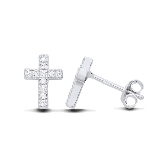 New 925 Silver &amp; Cubic Zirconia Cross Stud Earrings with the weight 1.20 grams. Earring Face 10mm x 7.5mm