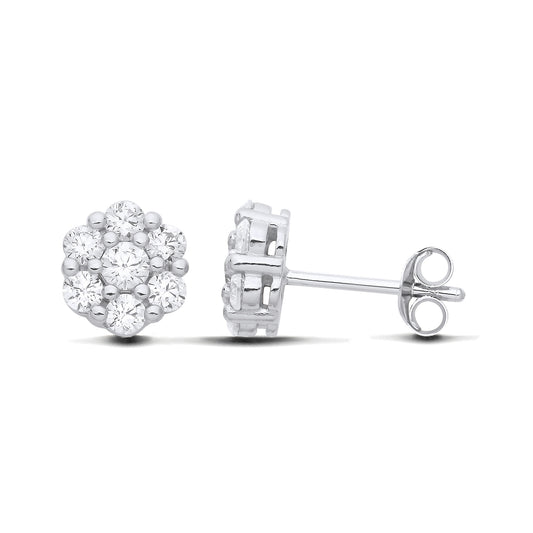 New 925 Silver &amp; Cubic Zirconia Cluster Stud Earrings with the weight 2.20 grams. Earring Face 7.8mm x 7.8mm
