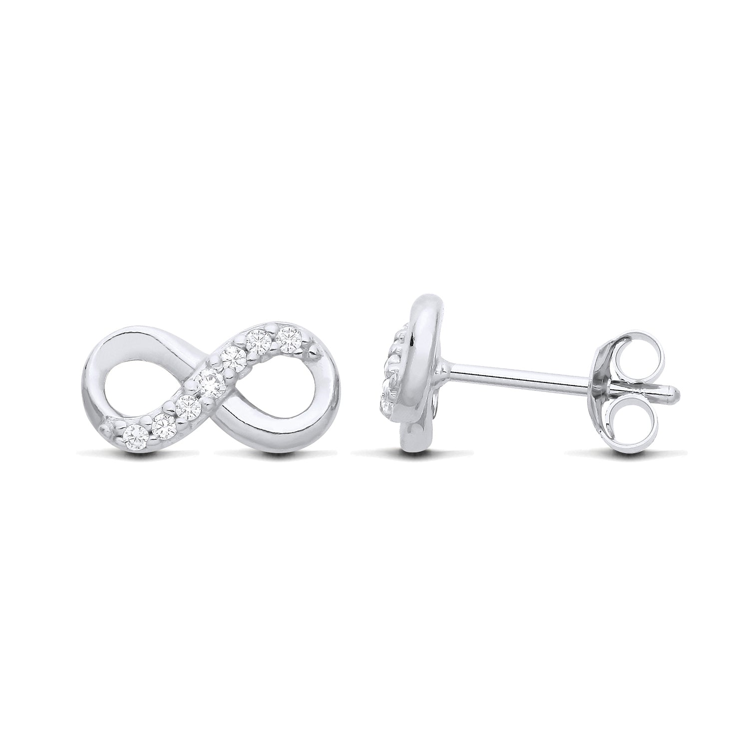 New 925 Silver &amp; Cubic Zirconia Infinity Stud Earrings with the weight 1.50 grams. Earring Face 12mm x 6mm