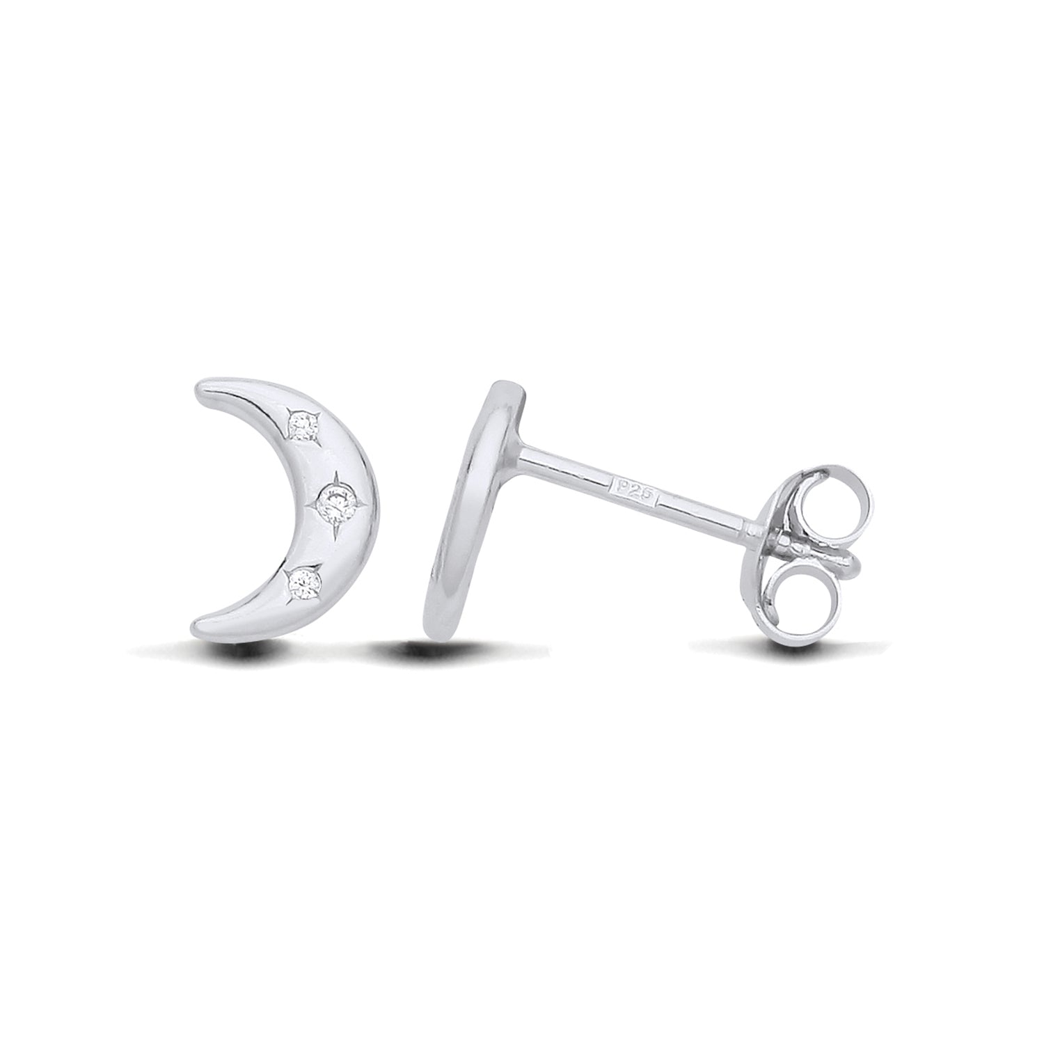 New 925 Silver &amp; Cubic Zirconia Crescent Moon Stud Earrings with the weight 0.80 grams. Earring Face Length 8mm