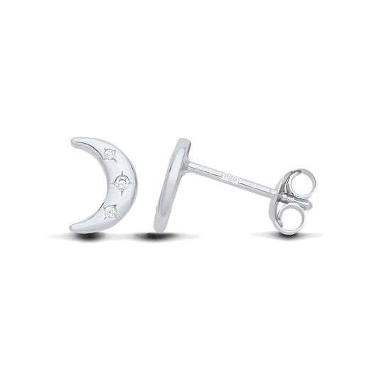 New 925 Silver &amp; Cubic Zirconia Crescent Moon Stud Earrings with the weight 0.80 grams. Earring Face Length 8mm