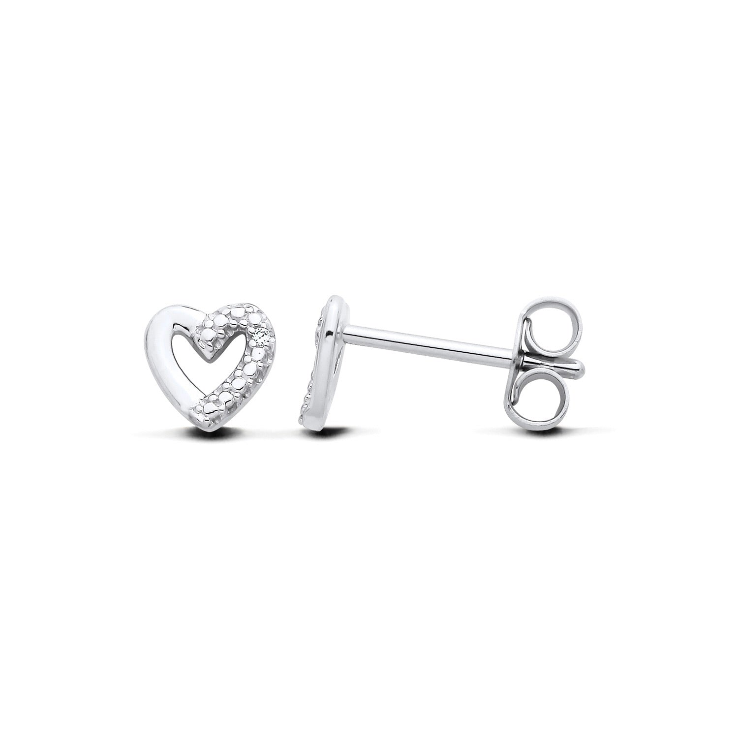 New 925 Silver &amp; Natural Diamond Set Open Heart Stud Earrings with the weight 0.80 grams. Earring Face Diameter 6mm x 6mm