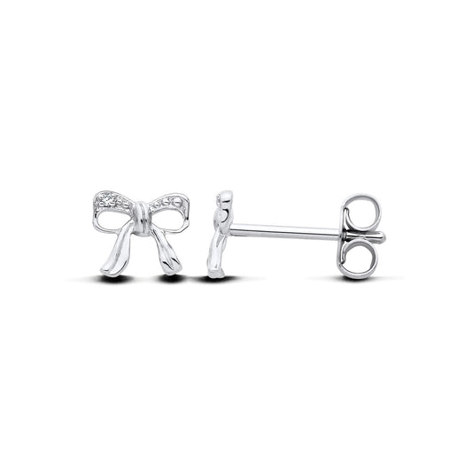 New 925 Silver &amp; Natural Diamond Set Bow Stud Earrings with the weight 0.70 grams. Earring Face Diameter 6mm x 7mm