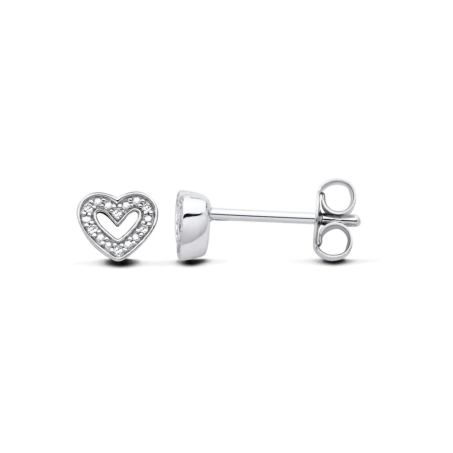 New 925 Silver &amp; Natural Diamond Set Open Heart Stud Earrings with the weight 0.90 grams. Earring Face 5mm x 6mm