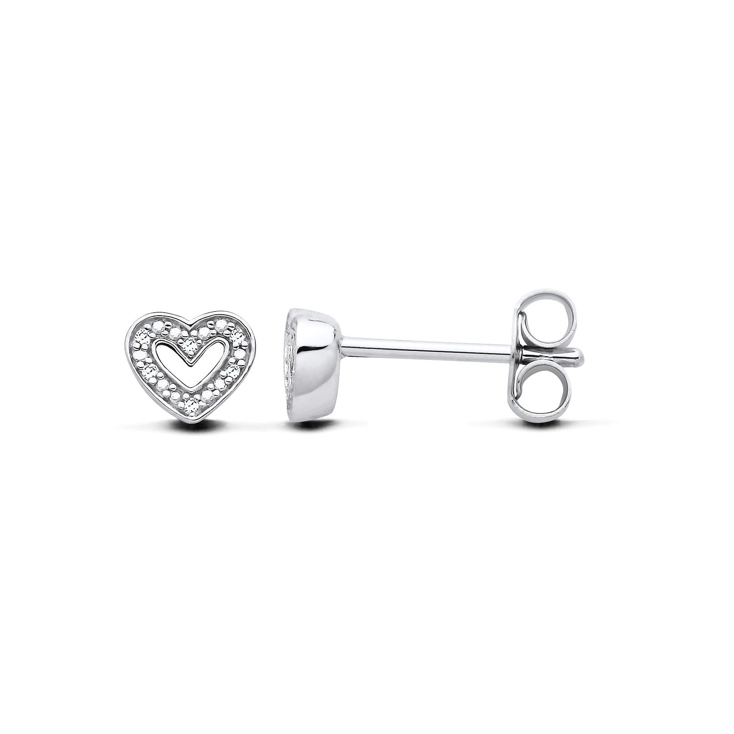 New 925 Silver &amp; Natural Diamond Set Open Heart Stud Earrings with the weight 0.90 grams. Earring Face 5mm x 6mm