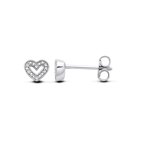 New 925 Silver &amp; Natural Diamond Set Open Heart Stud Earrings with the weight 0.90 grams. Earring Face 5mm x 6mm
