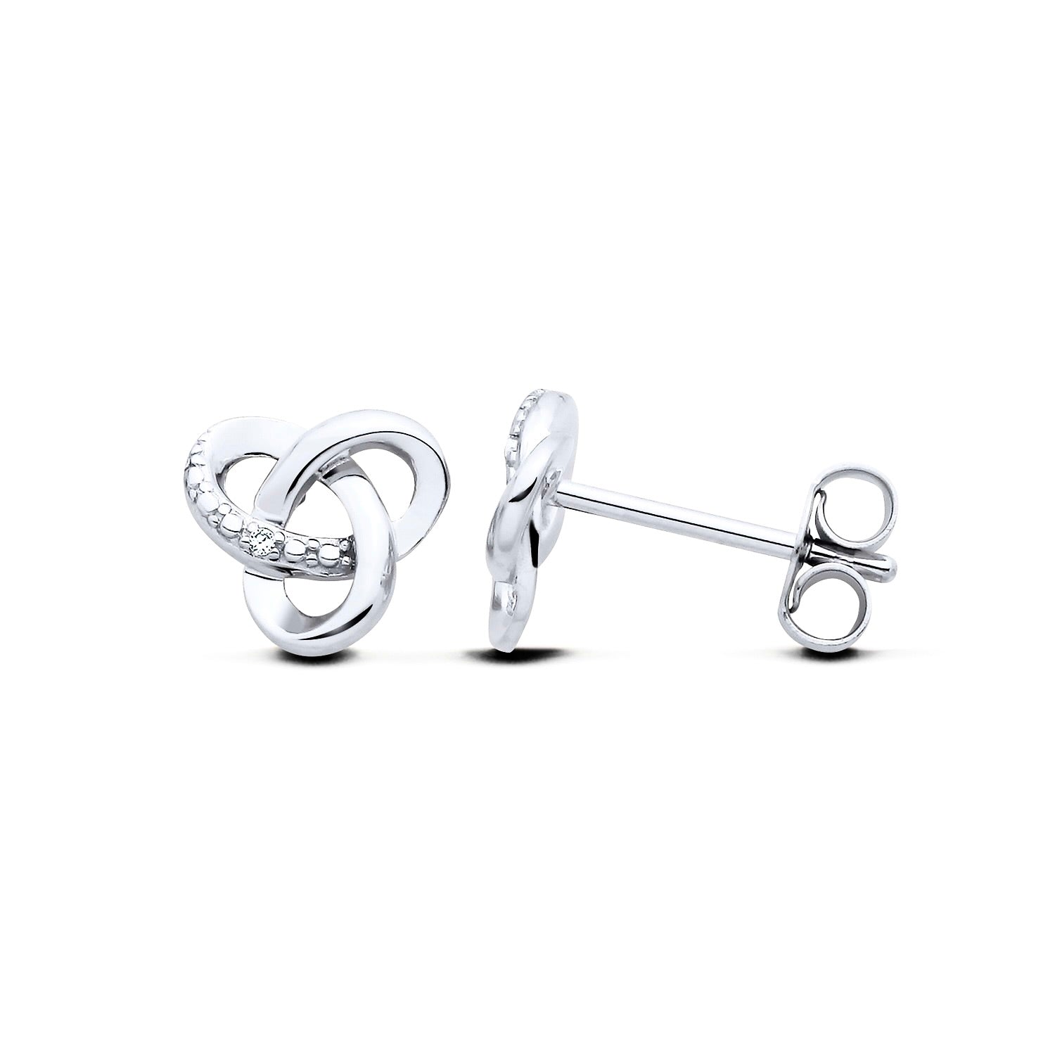 New 925 Silver &amp; Natural Diamond Set Knot Stud Earrings with the weight 1.10 grams.&nbsp;Earring Face 8.1mm x 8.6mm