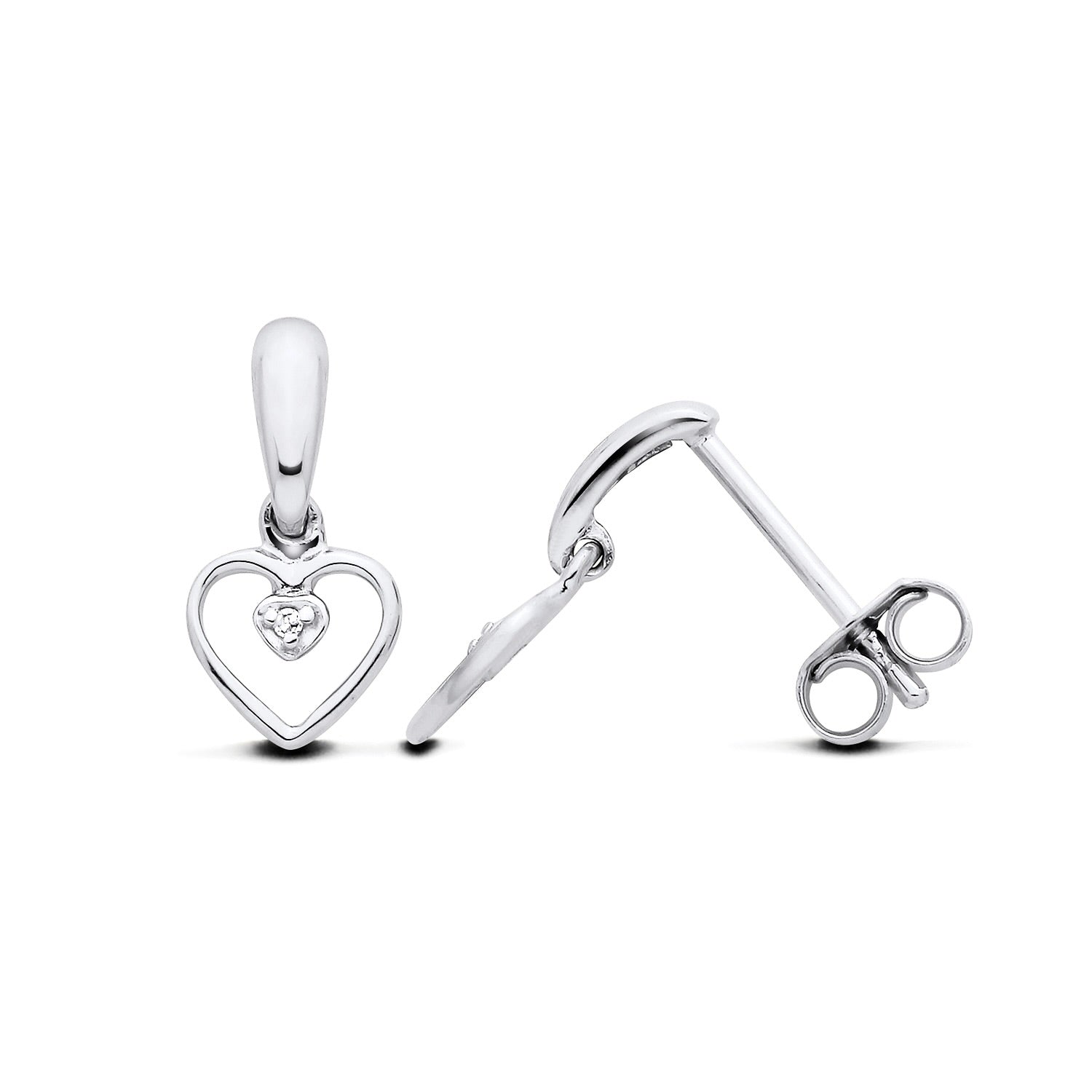 New 925 Silver &amp; Natural Diamond Set Open Heart Drop Earrings with the weight 1.10 grams. Total Length 14mm