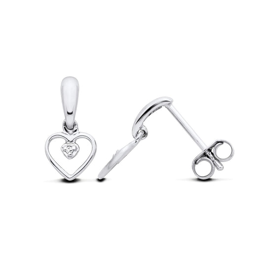 New 925 Silver &amp; Natural Diamond Set Open Heart Drop Earrings with the weight 1.10 grams. Total Length 14mm