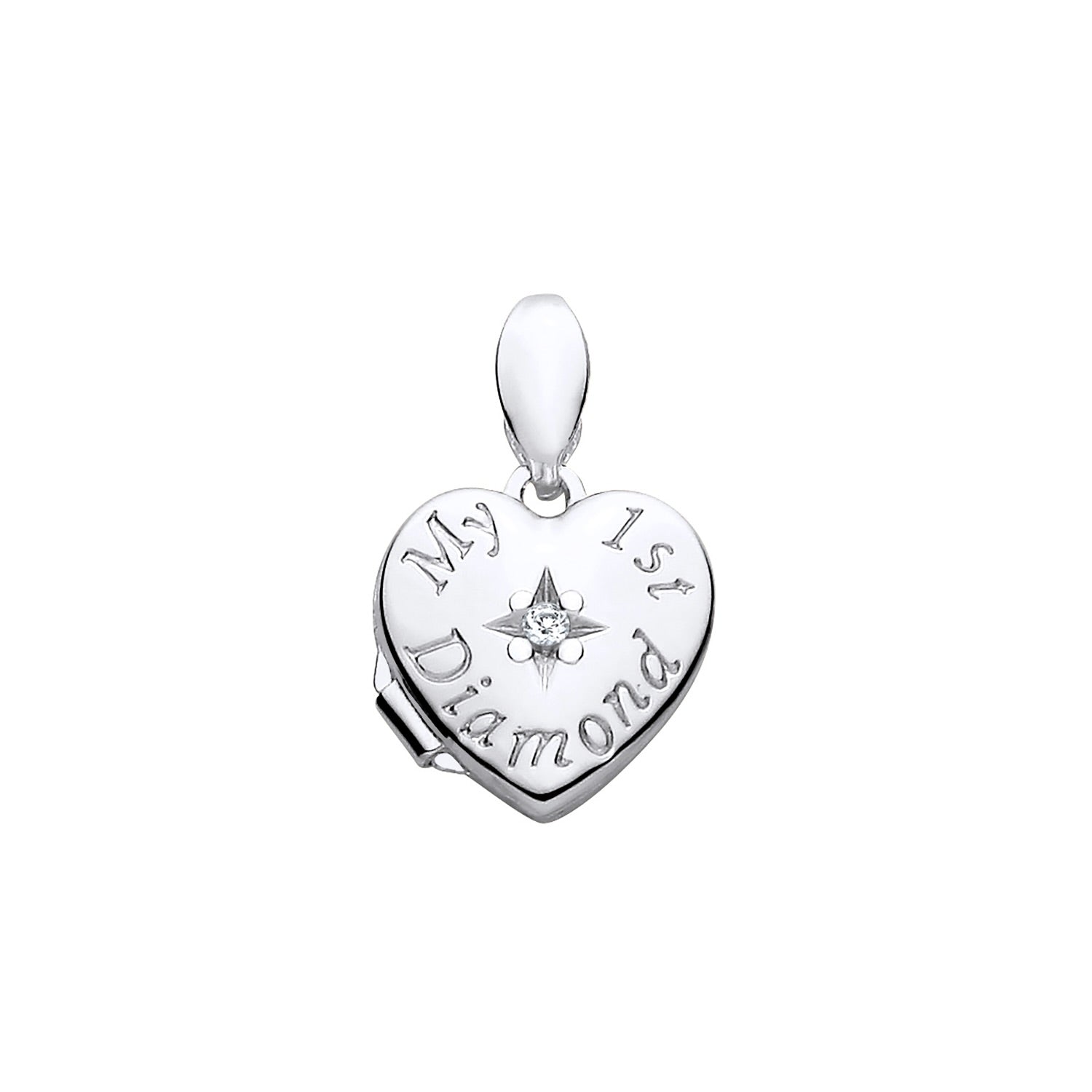 New 925 Silver &amp; Natural Diamond Set 'My First Diamond' Heart Locket with the weight 0.90 grams. Total Length inc Bale 16mm Width of Locket 10.2mm