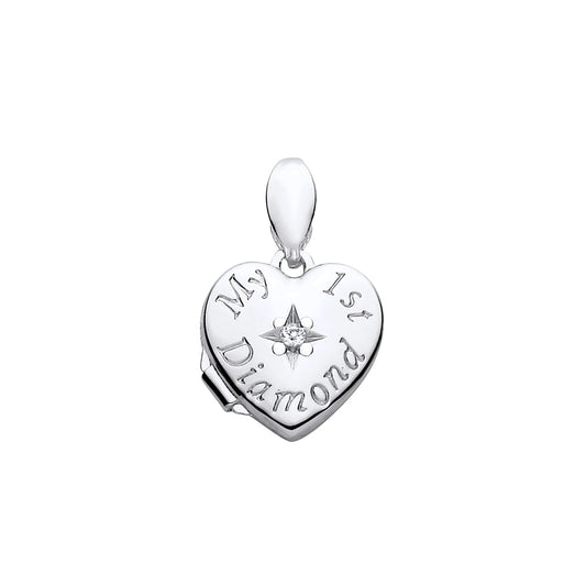 New 925 Silver &amp; Natural Diamond Set 'My First Diamond' Heart Locket with the weight 0.90 grams. Total Length inc Bale 16mm Width of Locket 10.2mm