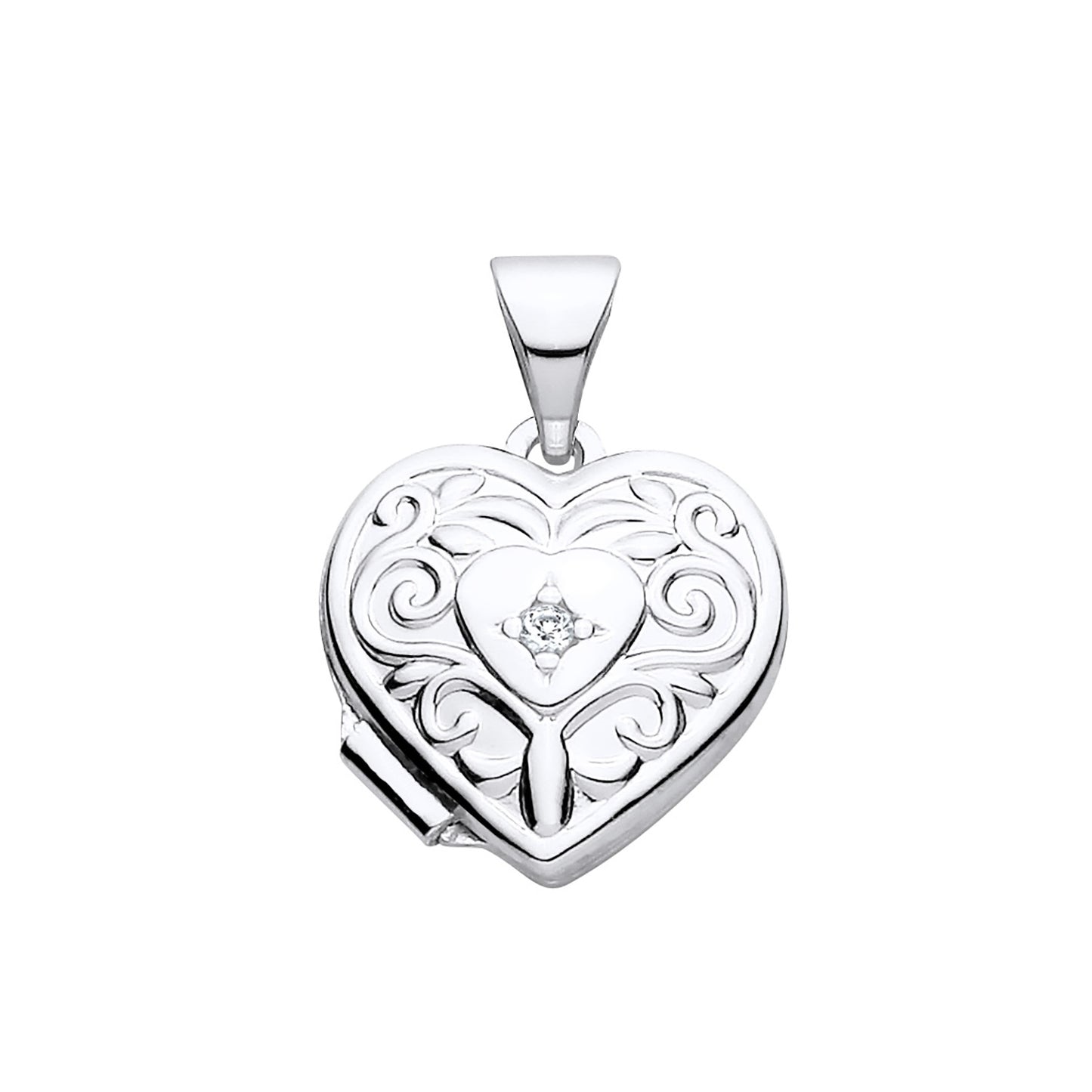 New 925 Silver &amp; Natural Diamond Set Patterned Heart Locket with the weight 1.20 grams. Total Length inc Bale 17mm Width of Locket 11.2mm