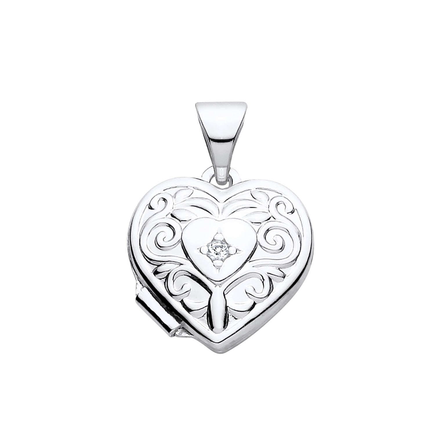 New 925 Silver &amp; Natural Diamond Set Patterned Heart Locket with the weight 1.20 grams. Total Length inc Bale 17mm Width of Locket 11.2mm
