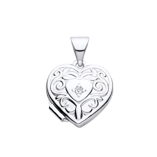 New 925 Silver &amp; Natural Diamond Set Patterned Heart Locket with the weight 1.20 grams. Total Length inc Bale 17mm Width of Locket 11.2mm