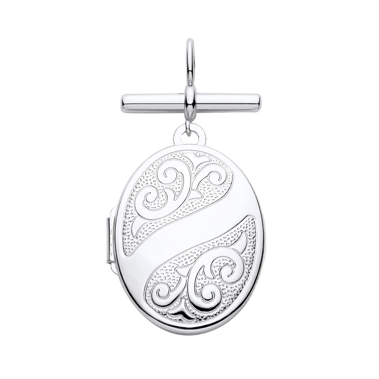 New 925 Silver Patterned Oval T Bar Locket with the weight 3 grams. Total Length inc Bale 33.5mm Width of Locket 17mm