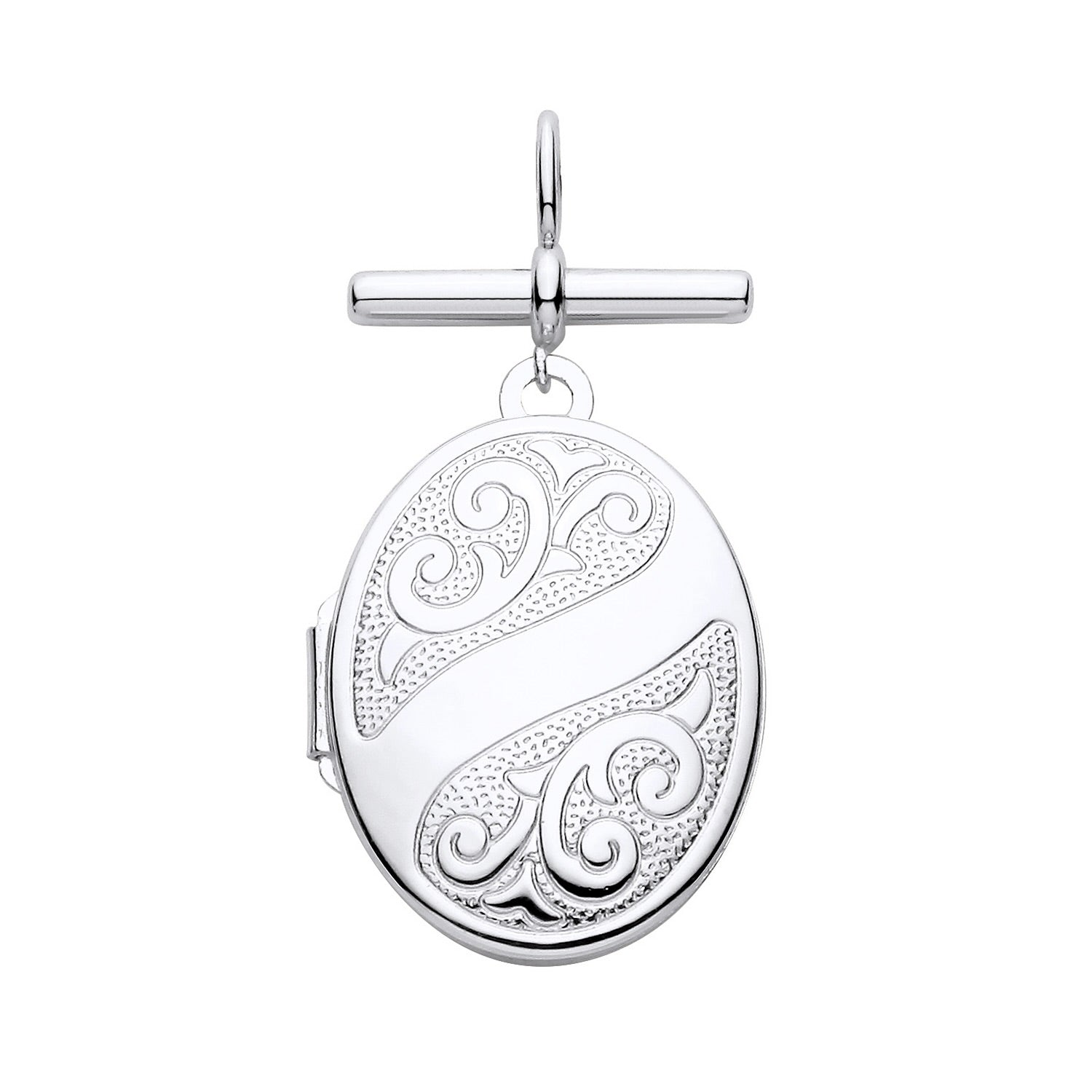 New 925 Silver Patterned Oval T Bar Locket with the weight 3 grams. Total Length inc Bale 33.5mm Width of Locket 17mm