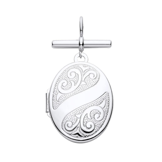 New 925 Silver Patterned Oval T Bar Locket with the weight 3 grams. Total Length inc Bale 33.5mm Width of Locket 17mm