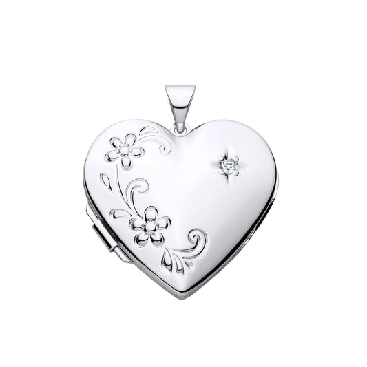 New 925 Silver &amp; Natural Diamond Set Flower Patterned Locket with the weight 3 grams. Total Length inc Bale 27mm Max Width 21.7mm