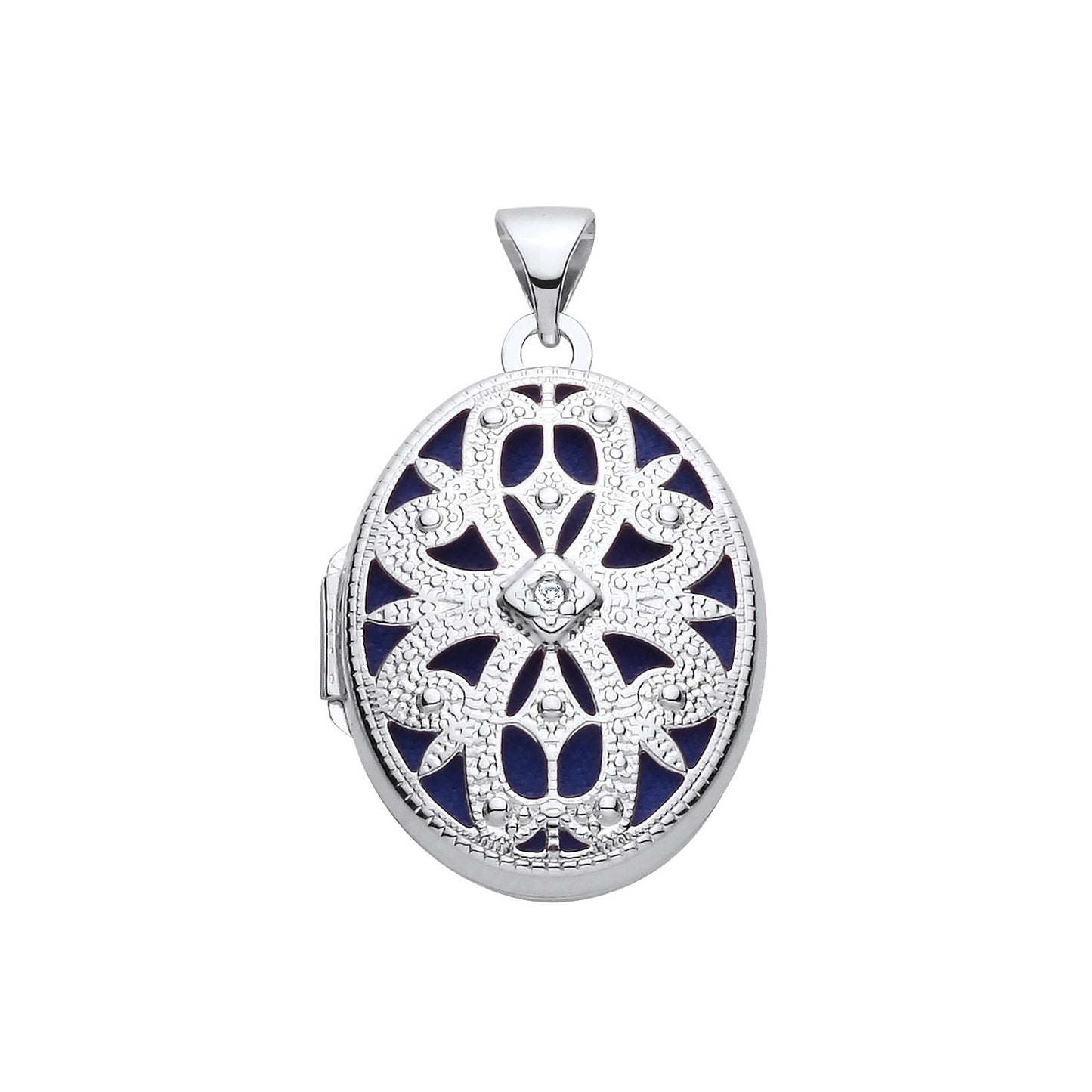 New 925 Silver &amp; Natural Diamond Set Open Filigree Oval Locket with the weight 2.40 grams. Total Length inc Bale 28mm Max Width 17mm