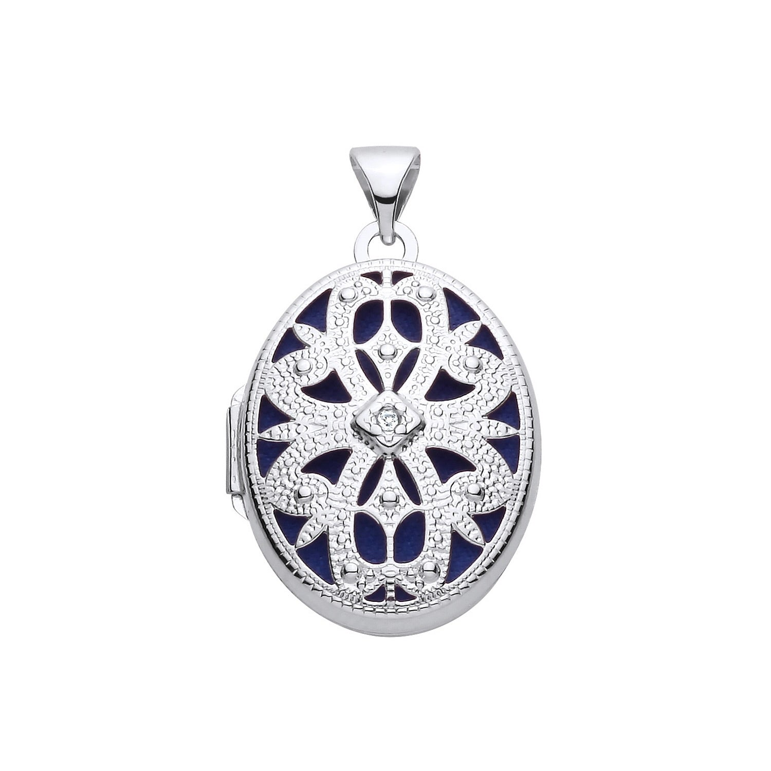 New 925 Silver &amp; Natural Diamond Set Open Filigree Oval Locket with the weight 2.40 grams. Total Length inc Bale 28mm Max Width 17mm