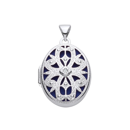 New 925 Silver &amp; Natural Diamond Set Open Filigree Oval Locket with the weight 2.40 grams. Total Length inc Bale 28mm Max Width 17mm